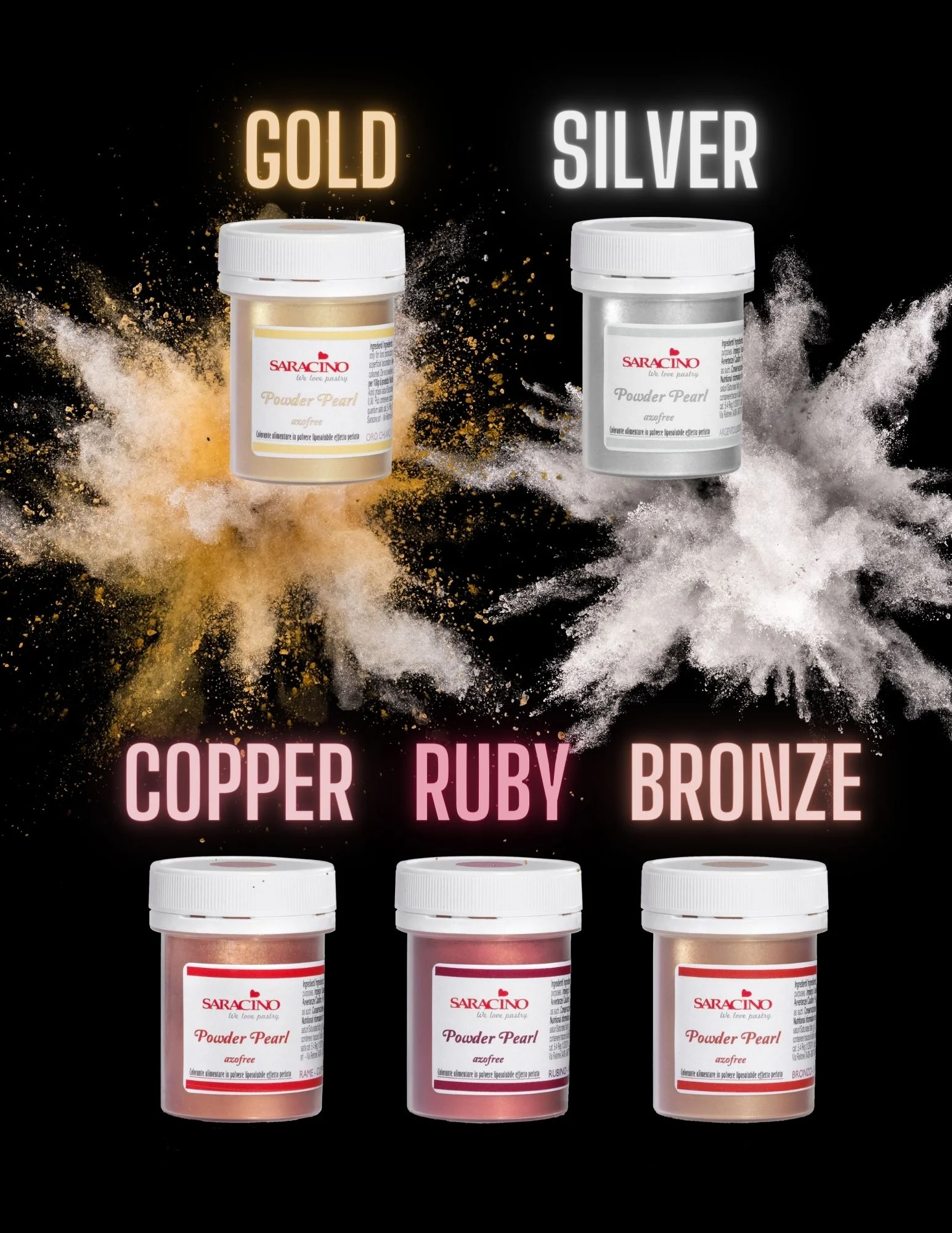 saracino pearl powder gold silver bronze cooper ruby colours cake decorating